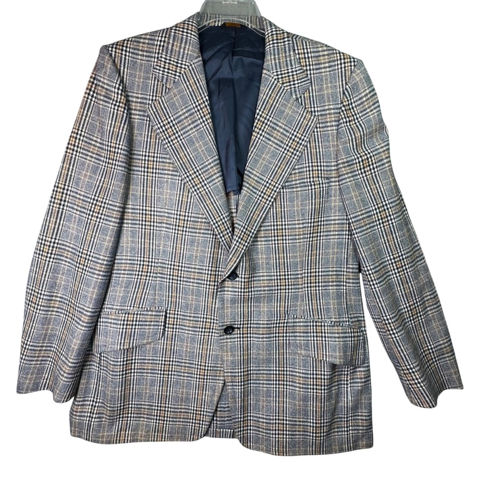 Phoenix Vintage Glen Plaid Blazer Sport Coat Grey Tan 40R Academia Aesthetic